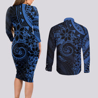 Polynesian Sunset Plumeria Couples Matching Long Sleeve Bodycon Dress and Long Sleeve Button Shirt Navy Polynesian Tattoo LT05 - Polynesian Pride
