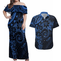 Polynesian Sunset Plumeria Couples Matching Off Shoulder Maxi Dress and Hawaiian Shirt Navy Polynesian Tattoo LT05 Navy - Polynesian Pride