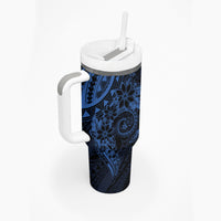 Navy Polynesian Pattern With Plumeria Flowers Tumbler With Handle