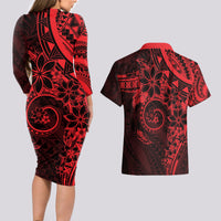 Polynesian Sunset Plumeria Couples Matching Long Sleeve Bodycon Dress and Hawaiian Shirt Red Polynesian Tattoo LT05 - Polynesian Pride