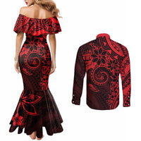 Polynesian Sunset Plumeria Couples Matching Mermaid Dress and Long Sleeve Button Shirt Red Polynesian Tattoo