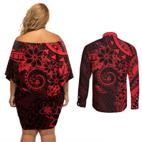 Polynesian Sunset Plumeria Couples Matching Off Shoulder Short Dress and Long Sleeve Button Shirt Red Polynesian Tattoo