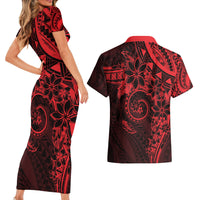 Polynesian Sunset Plumeria Couples Matching Short Sleeve Bodycon Dress and Hawaiian Shirt Red Polynesian Tattoo LT05 - Polynesian Pride