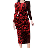 Polynesian Sunset Plumeria Family Matching Long Sleeve Bodycon Dress and Hawaiian Shirt Red Polynesian Tattoo LT05 Mom's Dress Red - Polynesian Pride