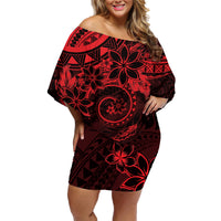 Polynesian Sunset Plumeria Family Matching Off Shoulder Short Dress and Hawaiian Shirt Red Polynesian Tattoo LT05 Mom's Dress Red - Polynesian Pride