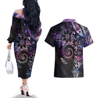 Polynesian Sunset Plumeria Couples Matching Off The Shoulder Long Sleeve Dress and Hawaiian Shirt Galaxy Polynesian Tattoo LT05 - Polynesian Pride