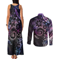 Polynesian Sunset Plumeria Couples Matching Tank Maxi Dress and Long Sleeve Button Shirt Galaxy Polynesian Tattoo