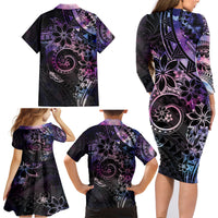 Polynesian Sunset Plumeria Family Matching Long Sleeve Bodycon Dress and Hawaiian Shirt Galaxy Polynesian Tattoo LT05 - Polynesian Pride