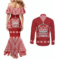 Tonga King Tupou VI Day Couples Matching Mermaid Dress and Long Sleeve Button Shirt Traditional Tongan Kupesi Pattern LT05 - Polynesian Pride