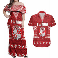 Tonga King Tupou VI Day Couples Matching Off Shoulder Maxi Dress and Hawaiian Shirt Traditional Tongan Kupesi Pattern LT05 Red - Polynesian Pride
