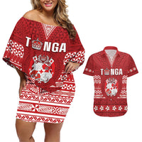 Tonga King Tupou VI Day Couples Matching Off Shoulder Short Dress and Hawaiian Shirt Traditional Tongan Kupesi Pattern LT05 Red - Polynesian Pride