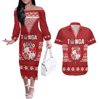 Tonga King Tupou VI Day Couples Matching Off The Shoulder Long Sleeve Dress and Hawaiian Shirt Traditional Tongan Kupesi Pattern LT05 Red - Polynesian Pride