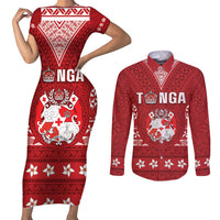 Tonga King Tupou VI Day Couples Matching Short Sleeve Bodycon Dress and Long Sleeve Button Shirt Traditional Tongan Kupesi Pattern LT05 Red - Polynesian Pride