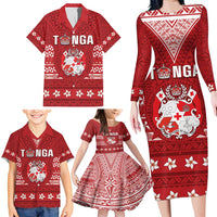 Tonga King Tupou VI Day Family Matching Long Sleeve Bodycon Dress and Hawaiian Shirt Traditional Tongan Kupesi Pattern LT05 - Polynesian Pride
