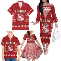 Tonga King Tupou VI Day Family Matching Off The Shoulder Long Sleeve Dress and Hawaiian Shirt Traditional Tongan Kupesi Pattern LT05 - Polynesian Pride