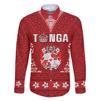 Tonga King Tupou VI Day Family Matching Off Shoulder Maxi Dress and Hawaiian Shirt Traditional Tongan Kupesi Pattern LT05 Dad's Shirt - Long Sleeve Red - Polynesian Pride