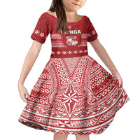 Tonga King Tupou VI Day Family Matching Off Shoulder Short Dress and Hawaiian Shirt Traditional Tongan Kupesi Pattern LT05 Daughter's Dress Red - Polynesian Pride