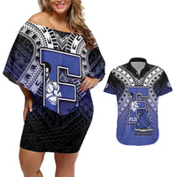 Custom Fiji Drua Couples Matching Off Shoulder Short Dress and Hawaiian Shirt Fijian Tapa Pattern LT05 Blue - Polynesian Pride