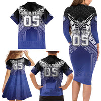 Custom Fiji Drua Family Matching Long Sleeve Bodycon Dress and Hawaiian Shirt Fijian Tapa Pattern