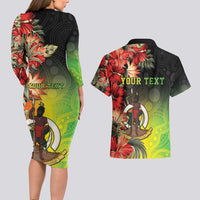 Aboriginal Dot Art Vanuatu Personalised Couples Matching Long Sleeve Bodycon Dress and Hawaiian Shirt Tropical Flowers LT05 - Polynesian Pride