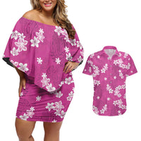 Hawaii Monstera Deliciosa Couples Matching Off Shoulder Short Dress and Hawaiian Shirt Pink Plumeria Polynesian Pattern - Polynesian Pride
