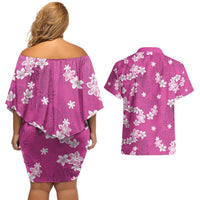Hawaii Monstera Deliciosa Couples Matching Off Shoulder Short Dress and Hawaiian Shirt Pink Plumeria Polynesian Pattern - Polynesian Pride