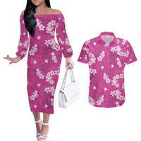 Hawaii Monstera Deliciosa Couples Matching Off The Shoulder Long Sleeve Dress and Hawaiian Shirt Pink Plumeria Polynesian Pattern LT05 Pink - Polynesian Pride