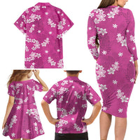 Hawaii Monstera Deliciosa Family Matching Long Sleeve Bodycon Dress and Hawaiian Shirt Pink Plumeria Polynesian Pattern LT05 - Polynesian Pride