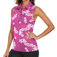 Hawaii Monstera Deliciosa Women Sleeveless Polo Shirt Pink Plumeria Polynesian Pattern LT05 - Polynesian Pride