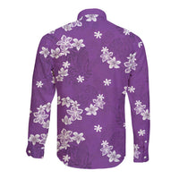 Hawaii Monstera Deliciosa Long Sleeve Button Shirt Purple Plumeria Polynesian Pattern - Polynesian Pride
