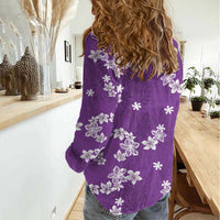 Hawaii Monstera Deliciosa Women Casual Shirt Purple Plumeria Polynesian Pattern - Polynesian Pride