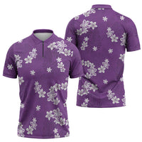 Hawaii Monstera Deliciosa Zipper Polo Shirt Purple Plumeria Polynesian Pattern - Polynesian Pride