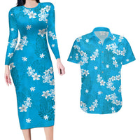 Hawaii Monstera Deliciosa Couples Matching Long Sleeve Bodycon Dress and Hawaiian Shirt Blue Plumeria Polynesian Pattern - Polynesian Pride
