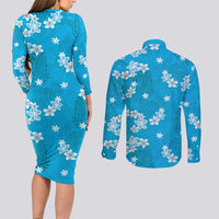 Hawaii Monstera Deliciosa Couples Matching Long Sleeve Bodycon Dress and Long Sleeve Button Shirt Blue Plumeria Polynesian Pattern - Polynesian Pride
