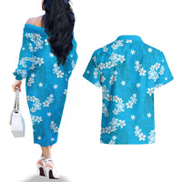 Hawaii Monstera Deliciosa Couples Matching Off The Shoulder Long Sleeve Dress and Hawaiian Shirt Blue Plumeria Polynesian Pattern LT05 - Polynesian Pride