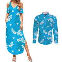 Hawaii Monstera Deliciosa Couples Matching Summer Maxi Dress and Long Sleeve Button Shirt Blue Plumeria Polynesian Pattern - Polynesian Pride