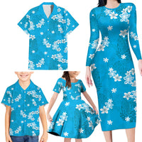 Hawaii Monstera Deliciosa Family Matching Long Sleeve Bodycon Dress and Hawaiian Shirt Blue Plumeria Polynesian Pattern LT05 - Polynesian Pride