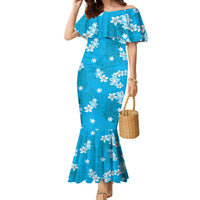 Hawaii Monstera Deliciosa Family Matching Mermaid Dress and Hawaiian Shirt Blue Plumeria Polynesian Pattern LT05 Mom's Dress Blue - Polynesian Pride