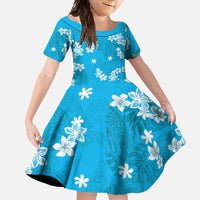 Hawaii Monstera Deliciosa Family Matching Off Shoulder Maxi Dress and Hawaiian Shirt Blue Plumeria Polynesian Pattern LT05 Daughter's Dress Blue - Polynesian Pride