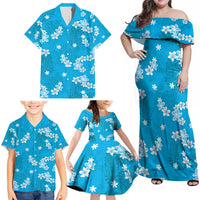 Hawaii Monstera Deliciosa Family Matching Off Shoulder Maxi Dress and Hawaiian Shirt Blue Plumeria Polynesian Pattern LT05 - Polynesian Pride