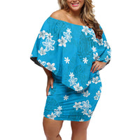 Hawaii Monstera Deliciosa Family Matching Off Shoulder Short Dress and Hawaiian Shirt Blue Plumeria Polynesian Pattern LT05 Mom's Dress Blue - Polynesian Pride