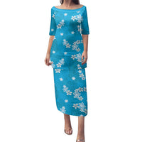 Hawaii Monstera Deliciosa Family Matching Puletasi and Hawaiian Shirt Blue Plumeria Polynesian Pattern LT05 Mom's Dress Blue - Polynesian Pride