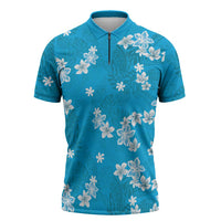 Hawaii Monstera Deliciosa Zipper Polo Shirt Blue Plumeria Polynesian Pattern - Polynesian Pride