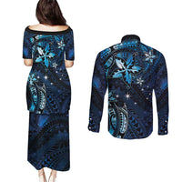 Hawaii Makahiki Season Couples Matching Puletasi and Long Sleeve Button Shirt Floral Tribal Tattoo Blue Galaxy LT05 - Polynesian Pride
