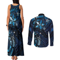 Hawaii Makahiki Season Couples Matching Tank Maxi Dress and Long Sleeve Button Shirt Floral Tribal Tattoo Blue Galaxy