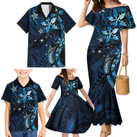 Hawaii Makahiki Season Family Matching Mermaid Dress and Hawaiian Shirt Floral Tribal Tattoo Blue Galaxy LT05 - Polynesian Pride