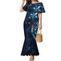 Hawaii Makahiki Season Family Matching Mermaid Dress and Hawaiian Shirt Floral Tribal Tattoo Blue Galaxy LT05 Mom's Dress Blue - Polynesian Pride
