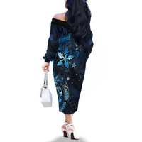 Hawaii Makahiki Season Family Matching Off The Shoulder Long Sleeve Dress and Hawaiian Shirt Floral Tribal Tattoo Blue Galaxy LT05 - Polynesian Pride