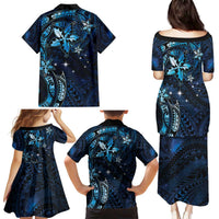 Hawaii Makahiki Season Family Matching Puletasi and Hawaiian Shirt Floral Tribal Tattoo Blue Galaxy LT05 - Polynesian Pride