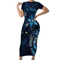 Hawaii Makahiki Season Short Sleeve Bodycon Dress Floral Tribal Tattoo Blue Galaxy LT05 Long Dress Blue - Polynesian Pride